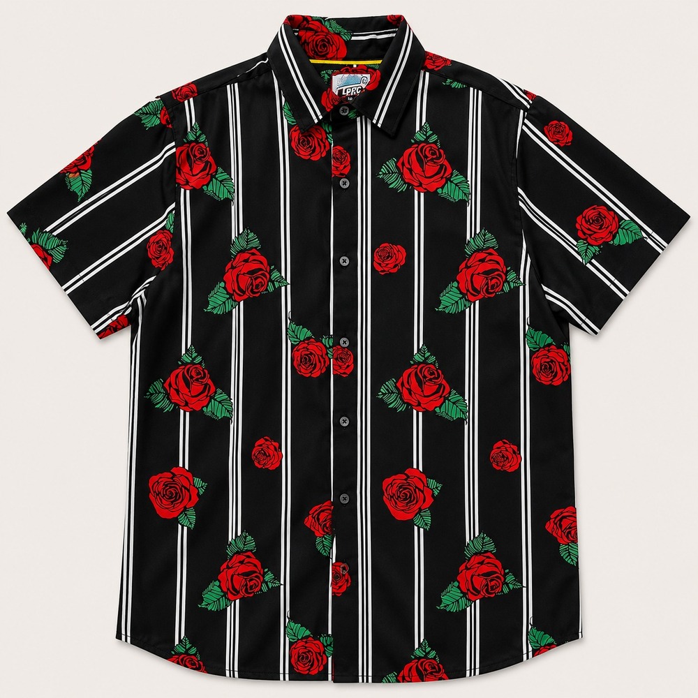 Fresh Prints Mens M Rose Floral Stripe Button Shirt Black Red Short Sleeve